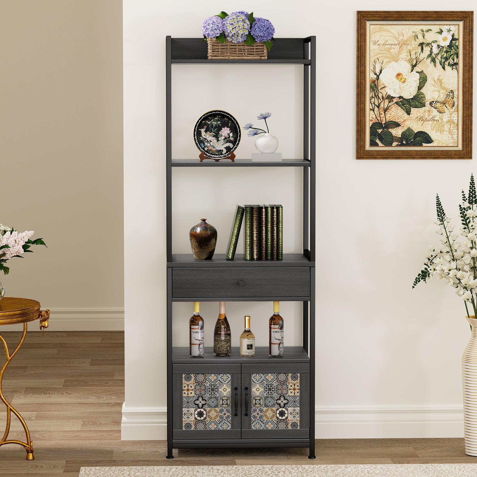 Mjkone 6-Tier Bookshelf with Doors & Drawer, 69" Tall Bookcase with Shelves,Wood and Metal Book Shelf Storage Organizer with Blue Print, Freestanding Storage Shelf Unit for Bedroom, Living Room