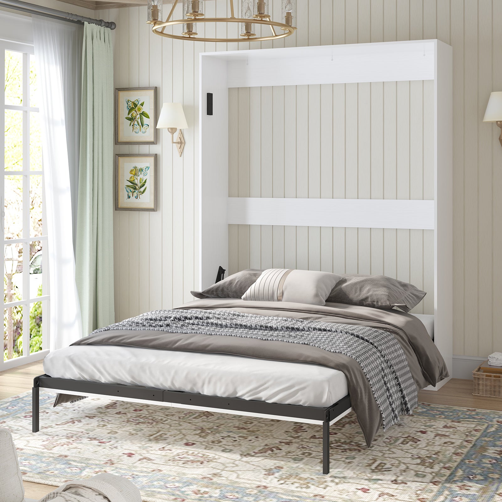 Mjkone Murphy Bed with Wardrobe, Folding Wall Bed for Bedroom, Fold Up Murphy Bed Cabinet, Queen Murphy Chest Bed Can Be Folded into a Cabinet, Storage Bed, Space-Saving Design