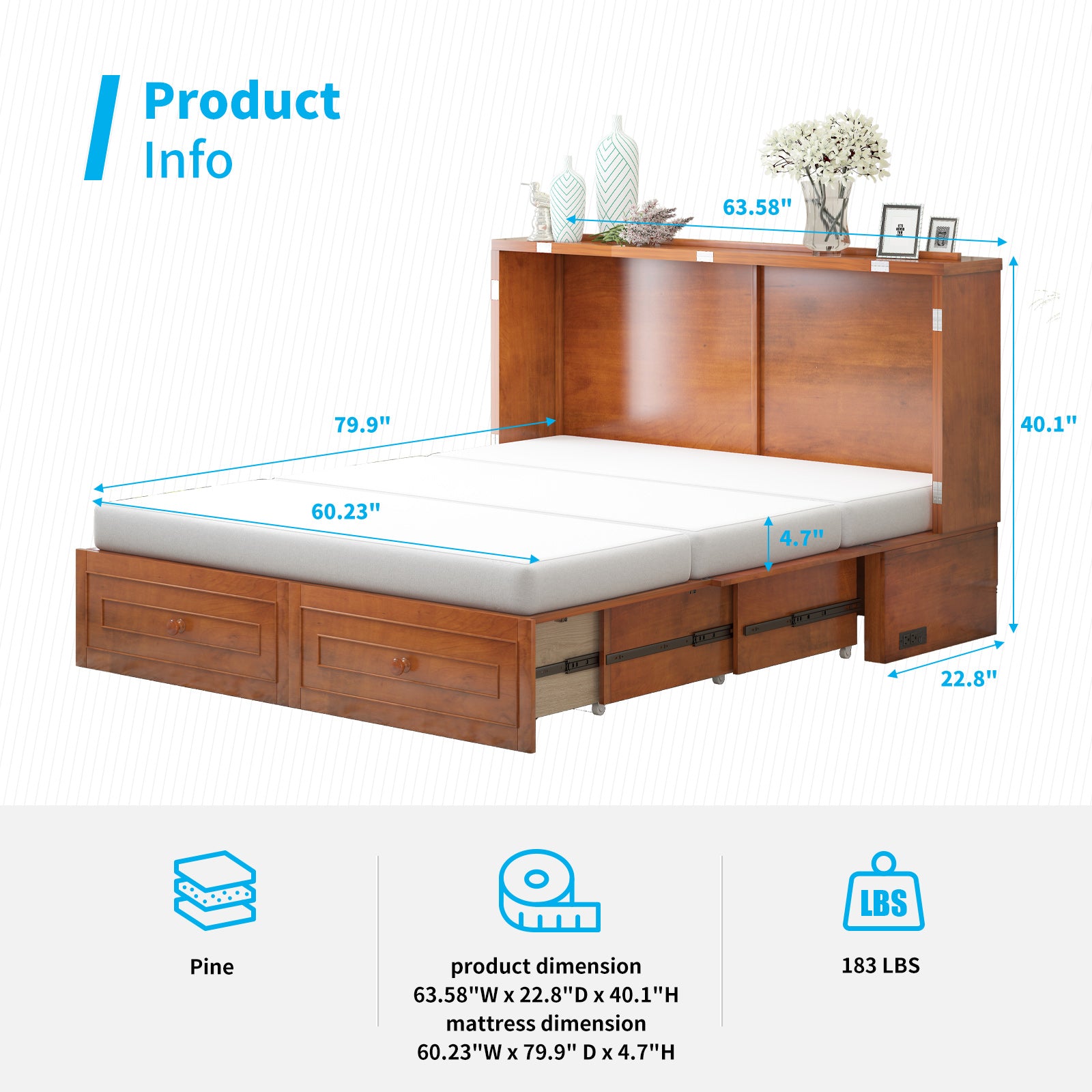 Mjkone Murphy Bed With USB Charging Station and Drawers