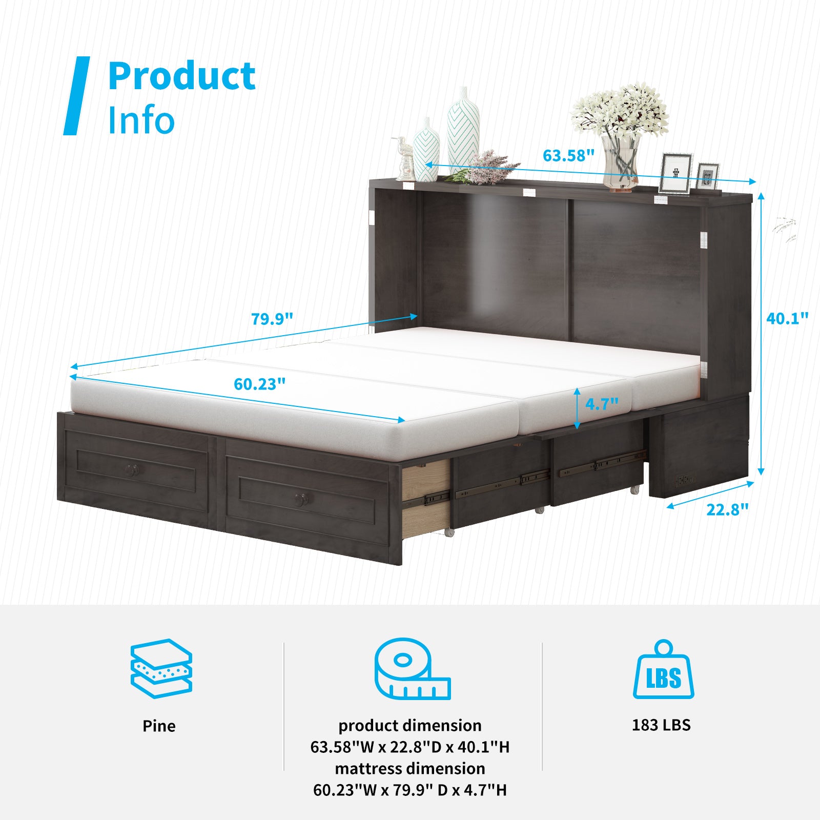 Mjkone Murphy Bed With USB Charging Station and Drawers