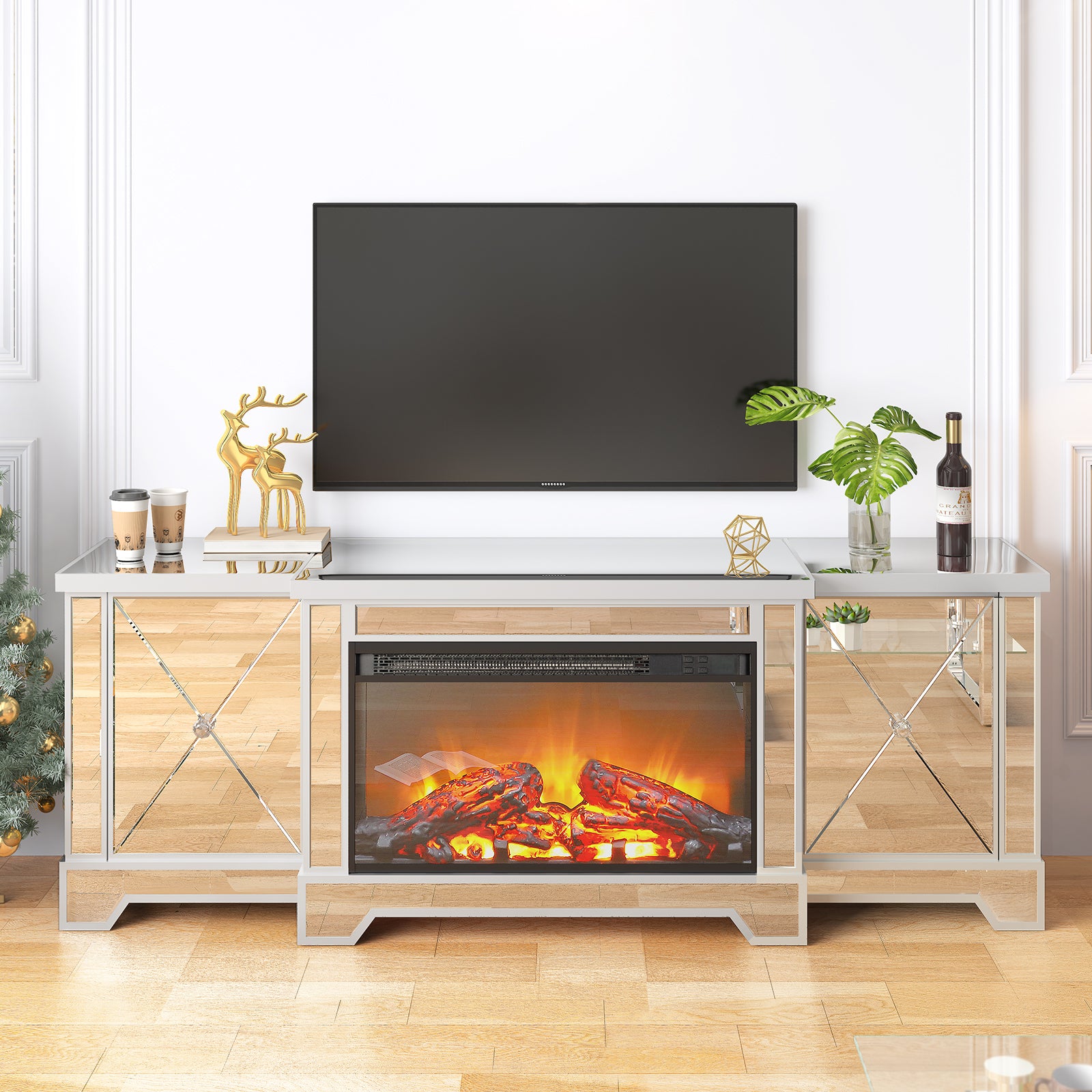Mjkone Mirrored Fireplace TV Stand, Modern LED Living Room Console Entertainment Center, Hot Air Conditioning, Overheat Protection, 7 Colors Flames, 2 Door Television Cabinet