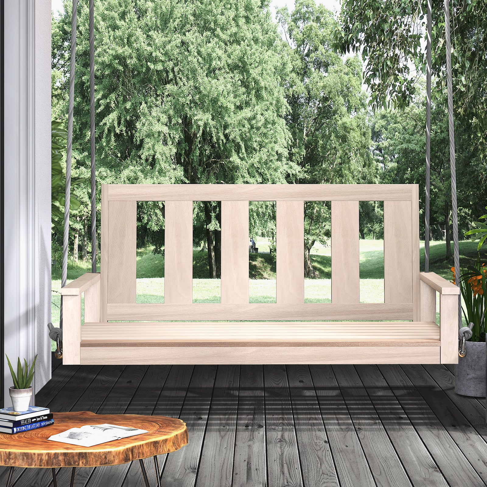 Mjkone Outdoor Wood Swing, Garden Swings with 2-3 Seat for Adults Kids, Large Tree Swing for Yard Patio Porch Garden, Hanging Bench Chair Furniture for Deck, 700LBS Weight Capacity