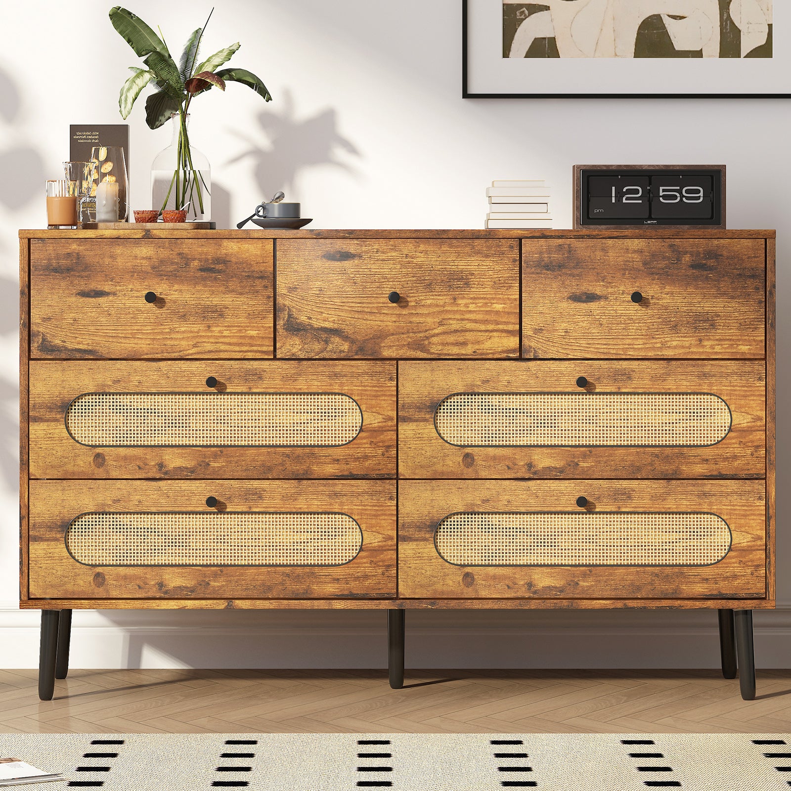 Mjkone Dresser with 7 Drawers, Chest of Dressers for Bedroom, Chest Storage Organizer Units, Modern Wooden Dresser Chest with Rattan Decoration for