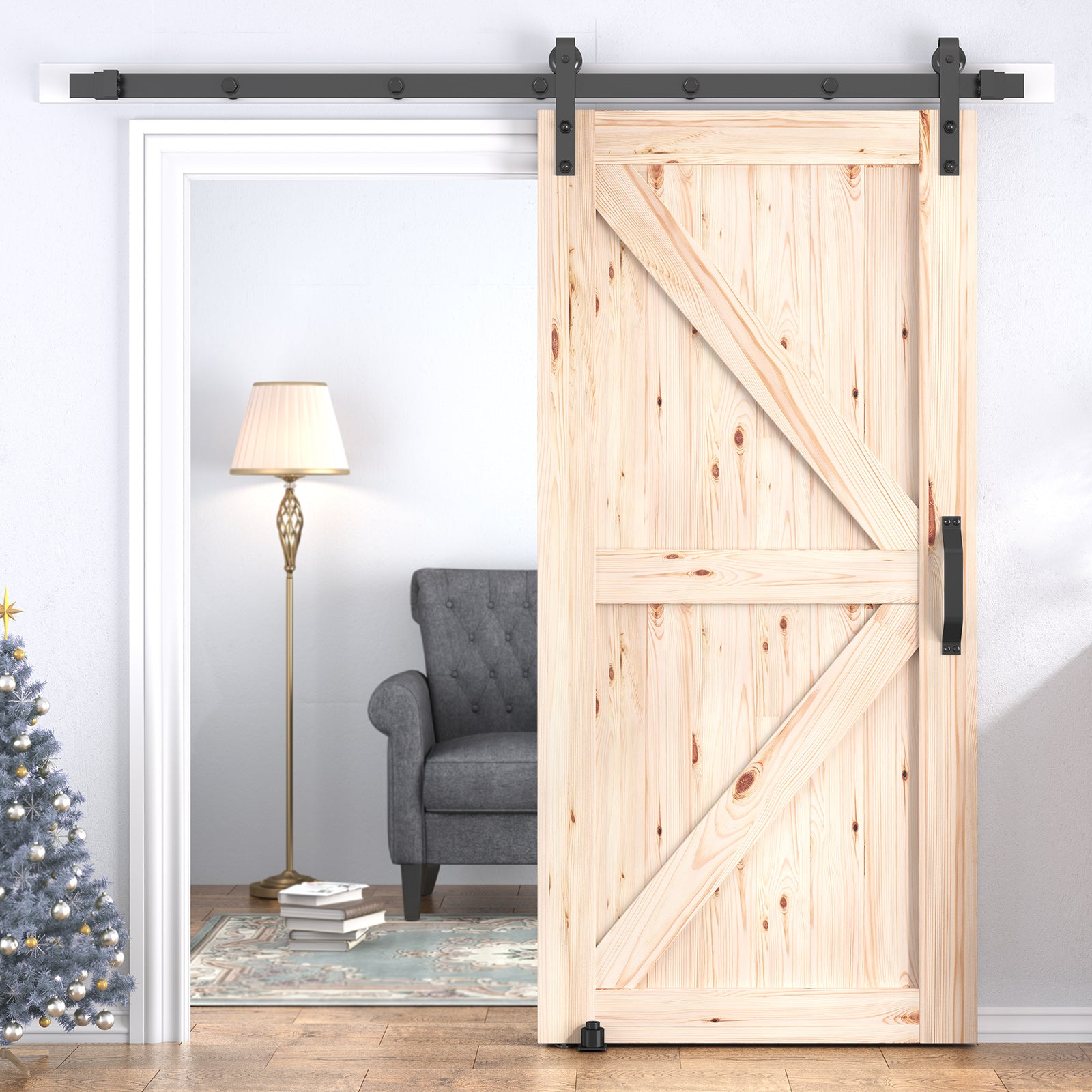 Mjkone Sliding Barn Door with 6.6ft Barn Door Hardware Kit & Handle, Pre-Drilled Ready to Assemble, DIY Unfinished Solid Spruce Wood Panelled Slab, K-Frame