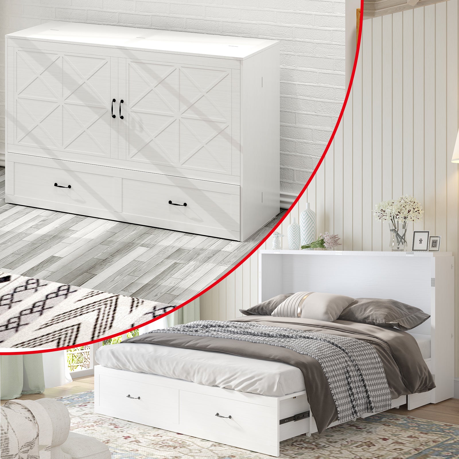 Mjkone Queen Murphy Bed Cabinet with USB Ports and 2 Storage Drawers, Convertible Folding Horizontal Murphy Bed with 5'' Mattress, Hidden Murphy Chest Bed for Guest Room, Home, Office
