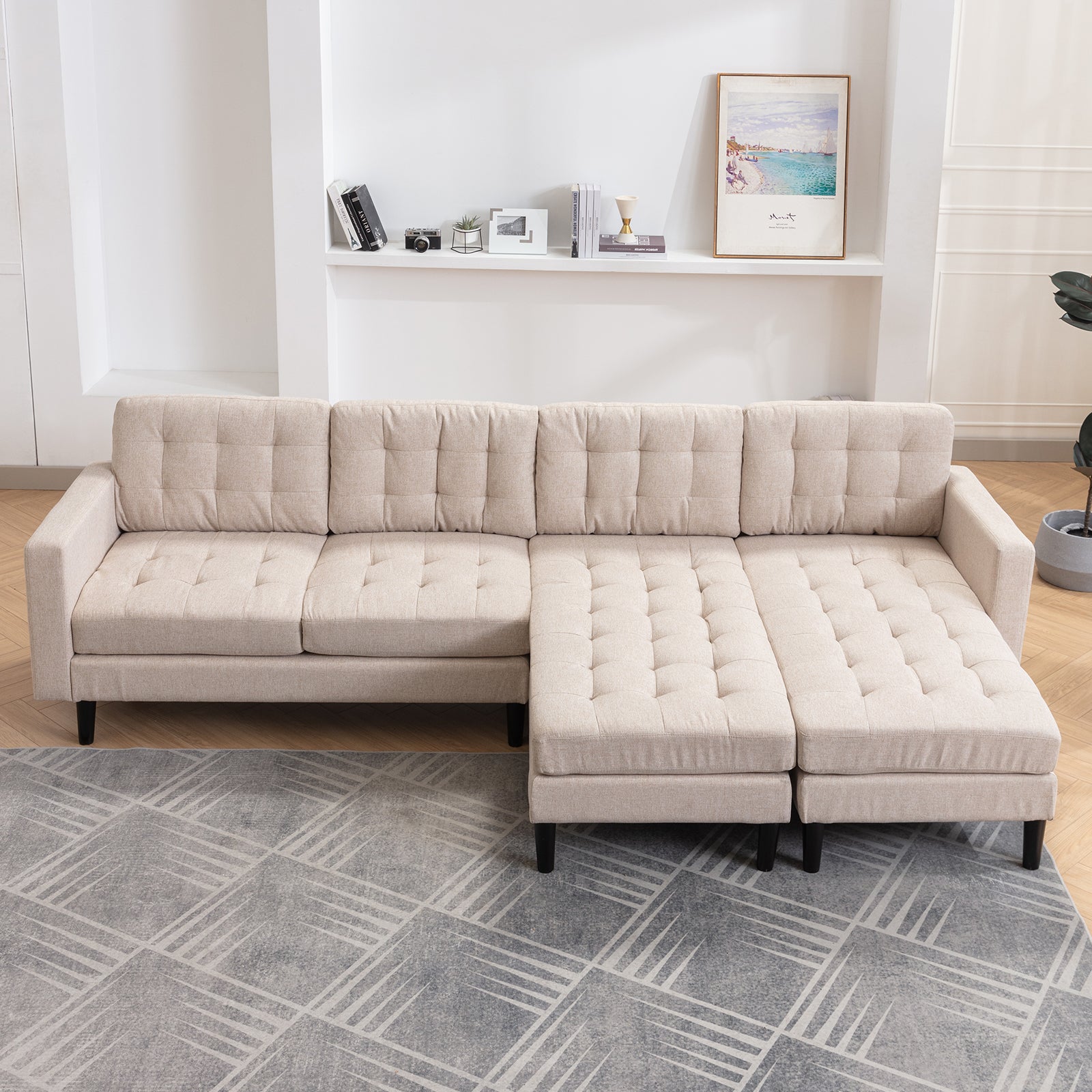 Mjkone Reversible Sectional Sofa Couch,4 Seater Oversized Upholstered Sofa Couch with High-Density Sponge Cushions,Modern Linen Fabic Tufted Sectional Sofa Set for Living Room