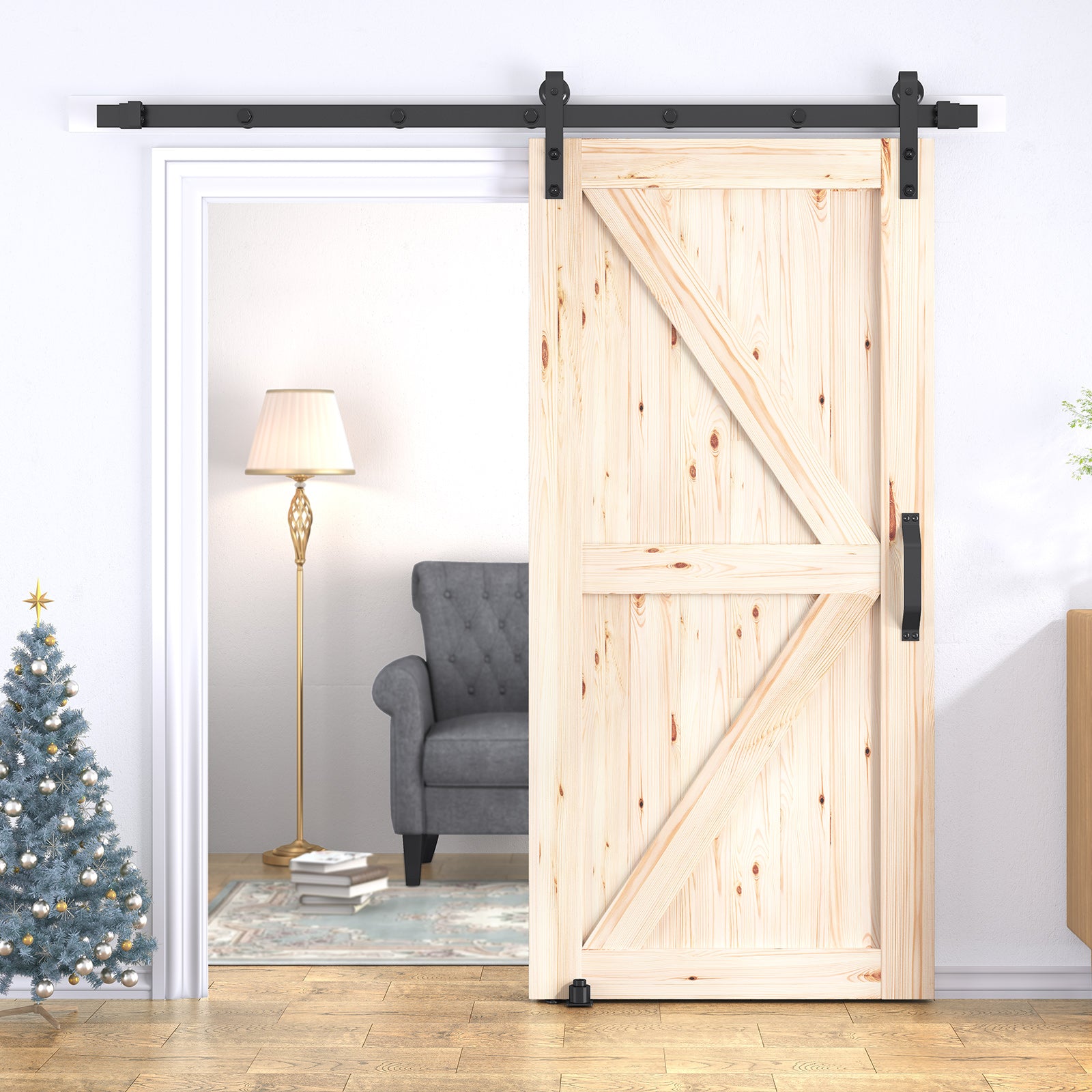 Mjkone Sliding Barn Door with 6.6ft Barn Door Hardware Kit & Handle, Pre-Drilled Ready to Assemble, DIY Unfinished Solid Spruce Wood Panelled Slab, K-Frame