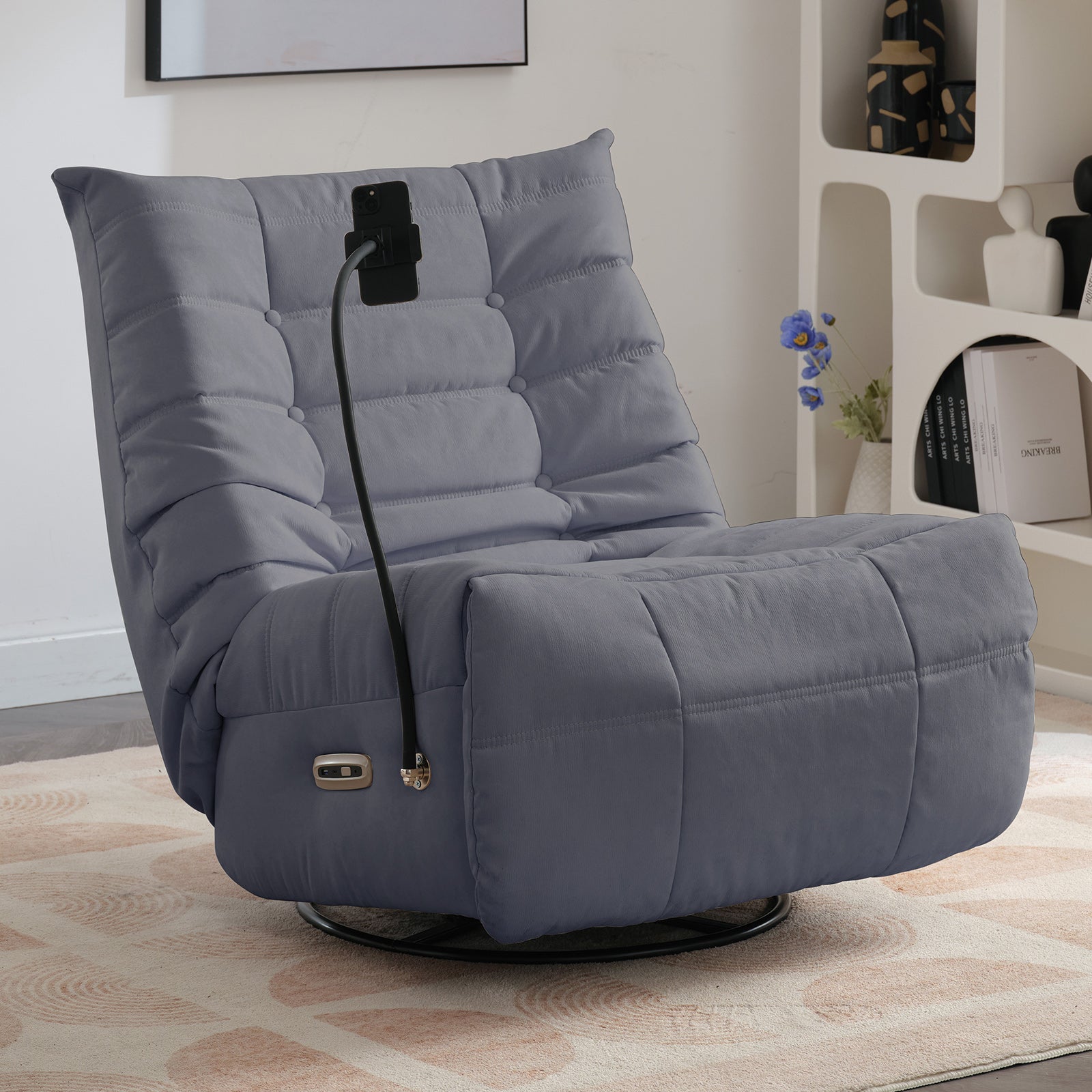 Mjkone Oversized Electric Recliner Chair Swivel Glider Rocking Chair with USB Port Modern Faux Leather Reclining Sofa Chair with Smart Voice Control & Bluetooth Control Theater Seating