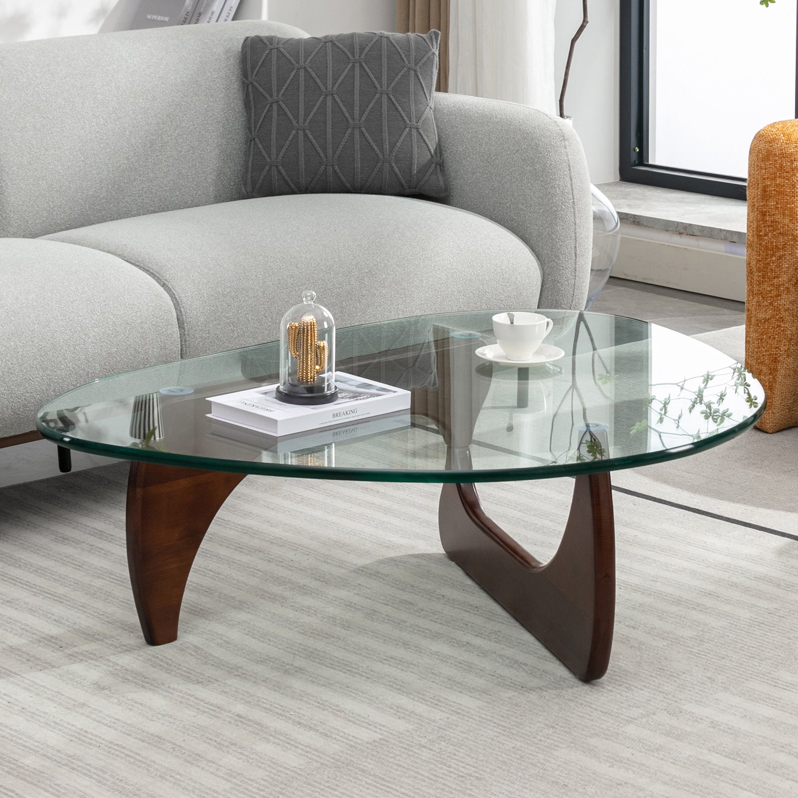 Mjkone Noguchi Triangle Glass Coffee Table | Modern Glass Top Table with Solid Wood Frame | Coffee Table with Tempered Glass Top | Glass Coffee Table for Living Room