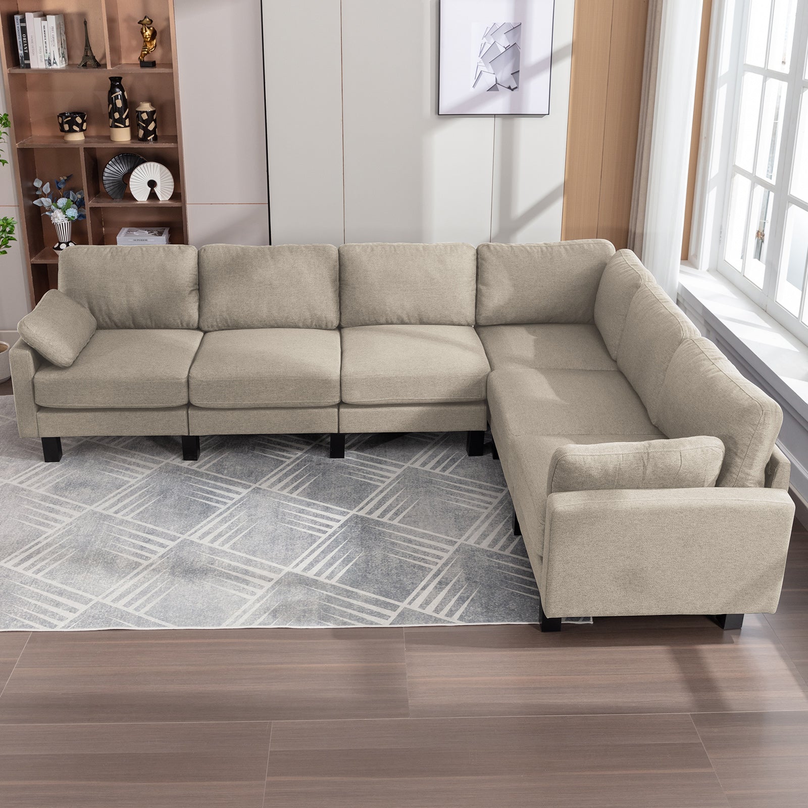 Mjkone L-Shaped Corner Sectional Sofa Set, 6-Seat Modular Sleeper Sofa Couch with Linen Upholstered, L-Shaped Corner Sofa with Solid Wood Legs, Living Room Furniture Set