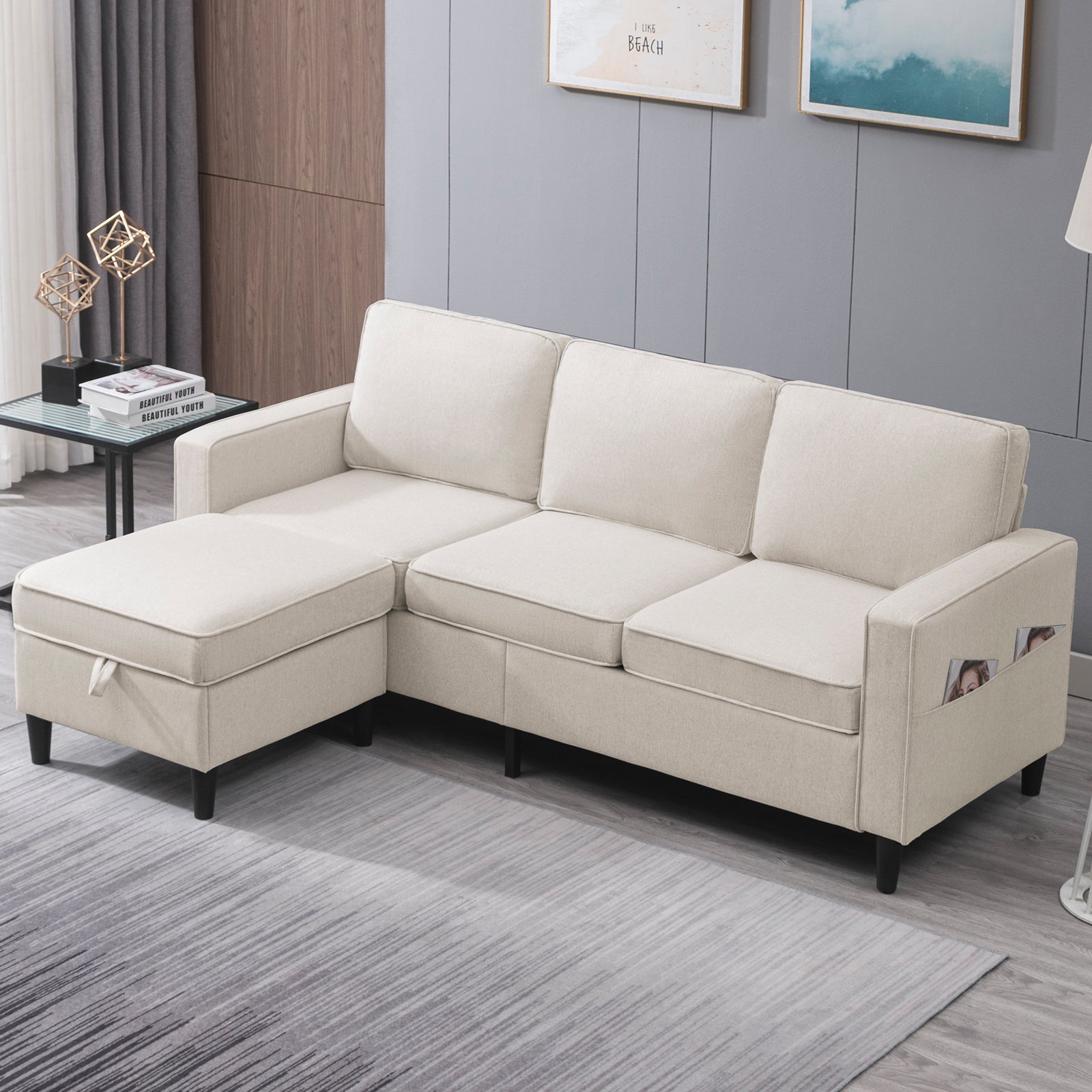 Mjkone Convertible Sectional Sofa Couch, 90" W 3-Seat L-Shaped Sofa Couch with Storage Ottoman & Wooden Legs, Modern Linen Fabric Reversible Chaise Couch for Living Room