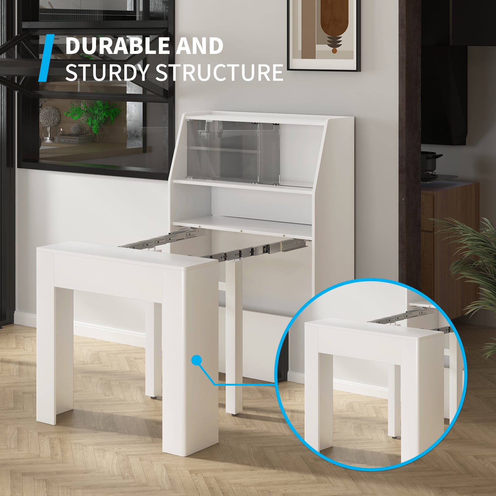 Mjkone Extendable Wood Dining Table with Storage for 6-10, Modern Rectangle Multifunctional Dining Kitchen Table Console Table for Living Room Home Office, Easy Assembly