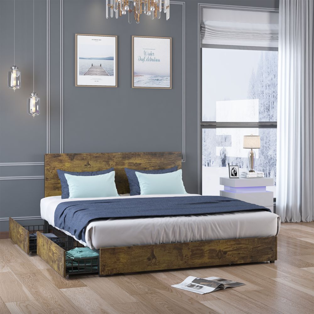 Mjkone Full/Queen/King Wooden Platform Bed With 4 Drawers