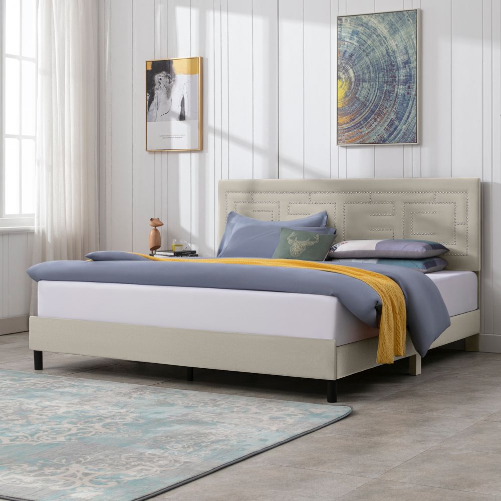Mjkone Upholstered Platform Bed with Shiny Nailhead Adjustable Headboard