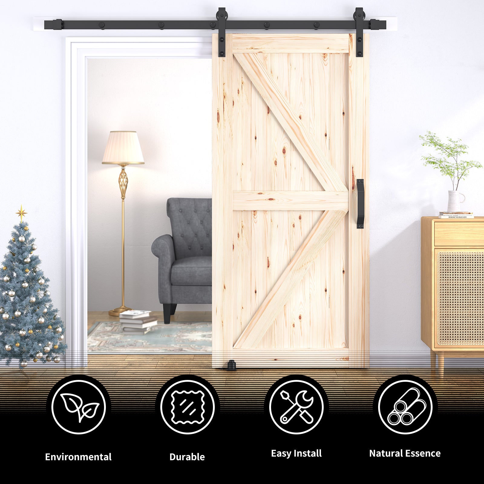 Mjkone Sliding Barn Door with 6.6ft Barn Door Hardware Kit & Handle, Pre-Drilled Ready to Assemble, DIY Unfinished Solid Spruce Wood Panelled Slab, K-Frame