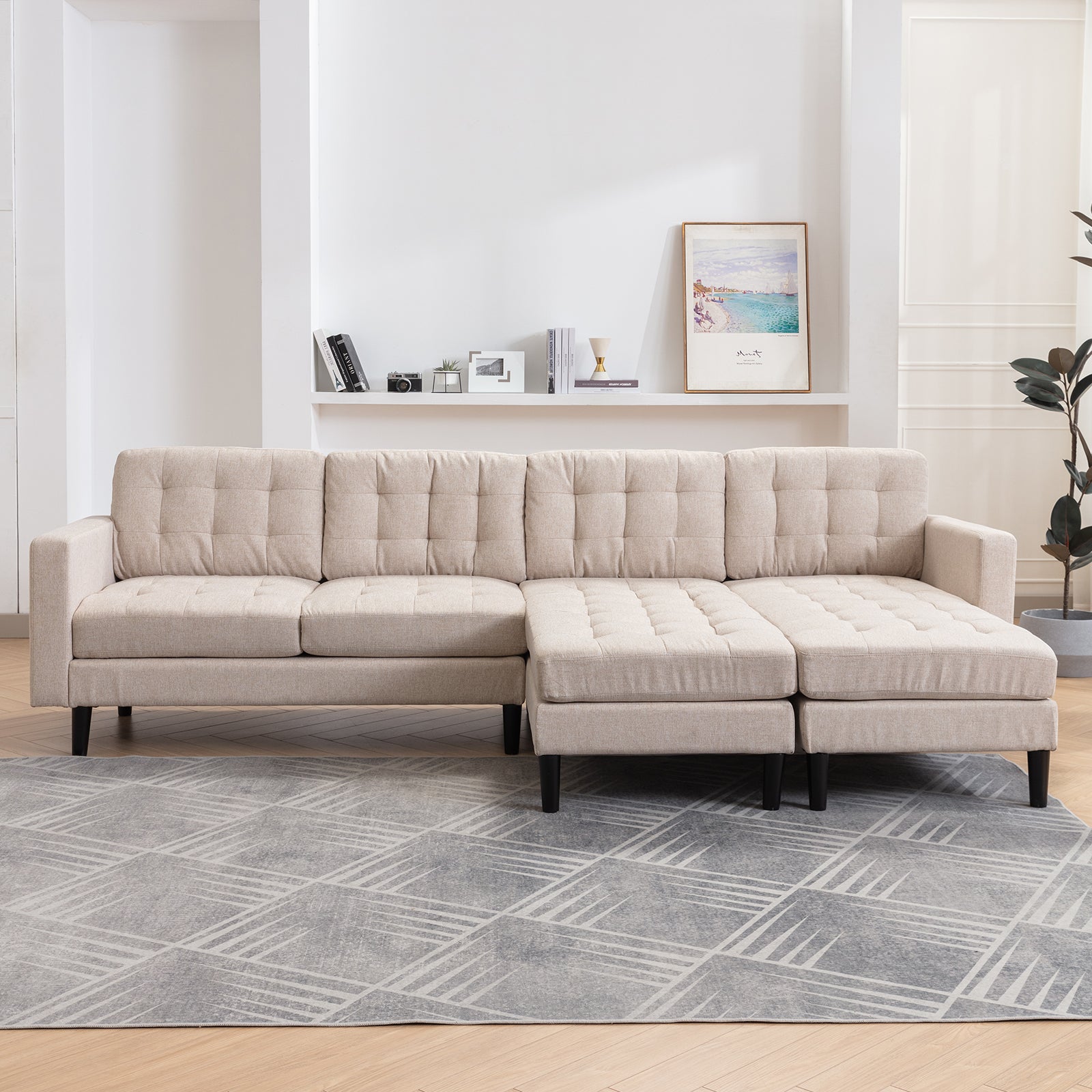 Mjkone Reversible Sectional Sofa Couch,4 Seater Oversized Upholstered Sofa Couch with High-Density Sponge Cushions,Modern Linen Fabic Tufted Sectional Sofa Set for Living Room