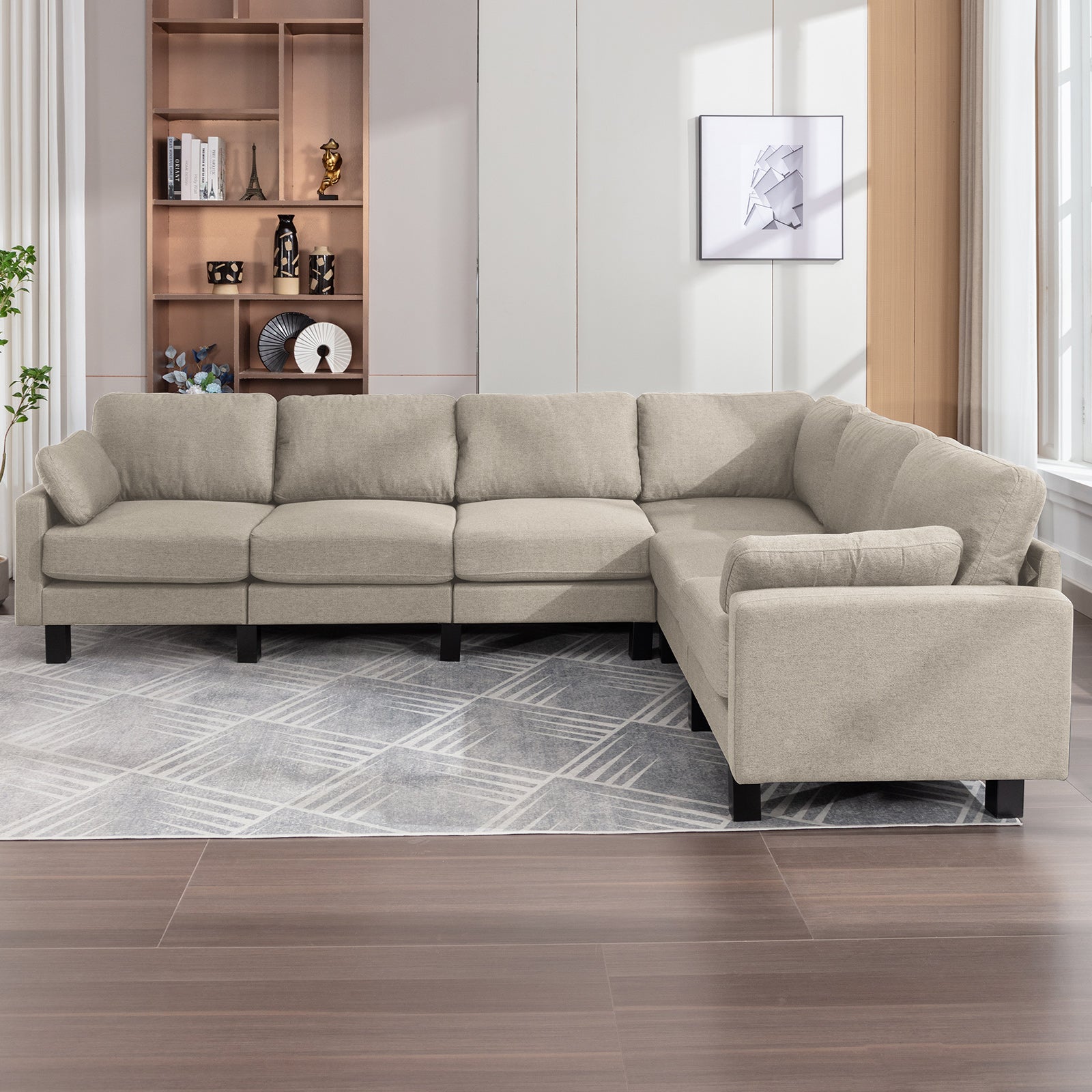 Mjkone L-Shaped Corner Sectional Sofa Set, 6-Seat Modular Sleeper Sofa Couch with Linen Upholstered, L-Shaped Corner Sofa with Solid Wood Legs, Living Room Furniture Set
