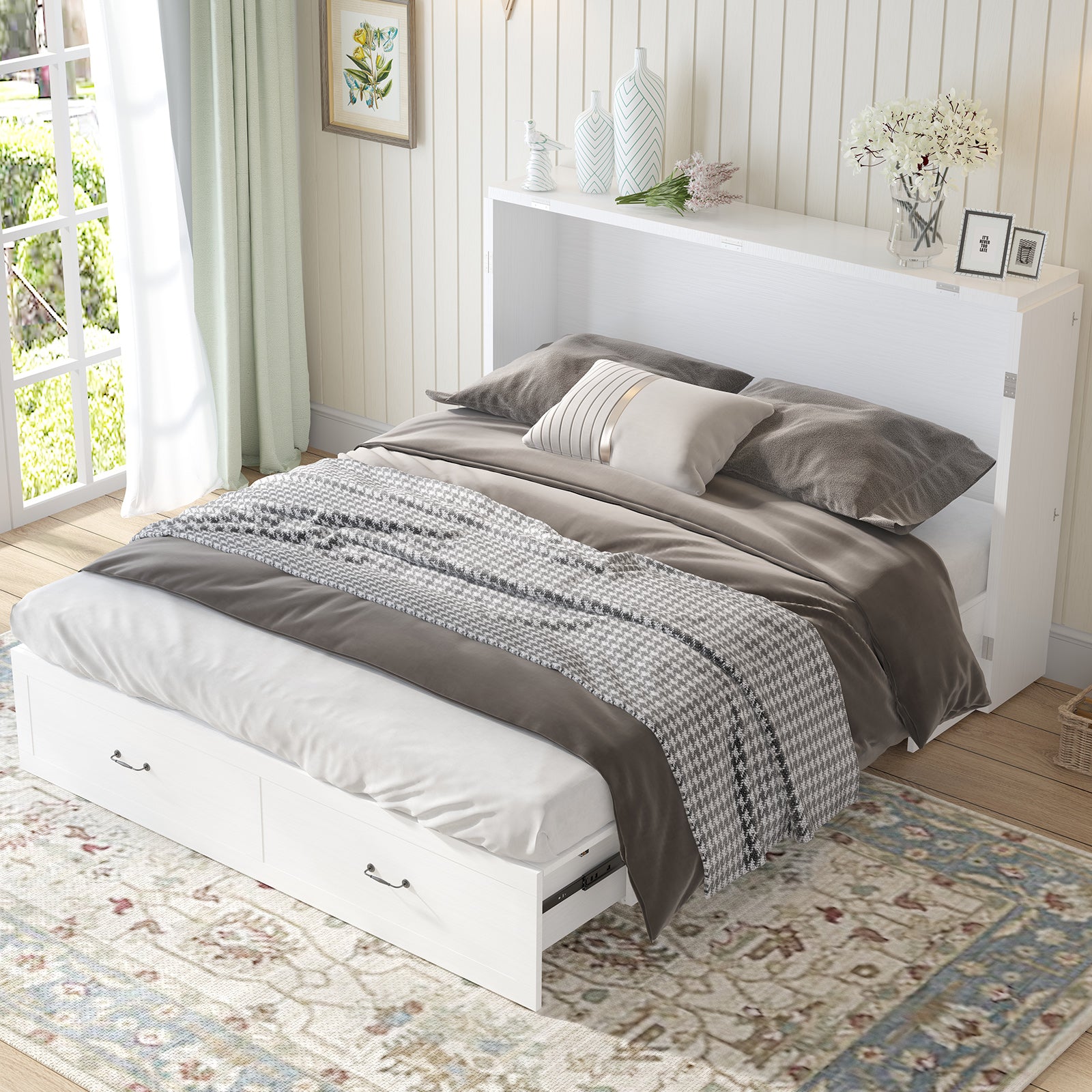 Mjkone Queen Murphy Bed Cabinet with USB Ports and 2 Storage Drawers, Convertible Folding Horizontal Murphy Bed with 5'' Mattress, Hidden Murphy Chest Bed for Guest Room, Home, Office
