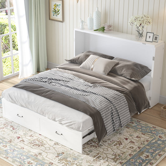 Mjkone Queen Murphy Bed Cabinet with USB Ports and 2 Storage Drawers, Convertible Folding Horizontal Murphy Bed with 5'' Mattress, Hidden Murphy Chest Bed for Guest Room, Home, Office