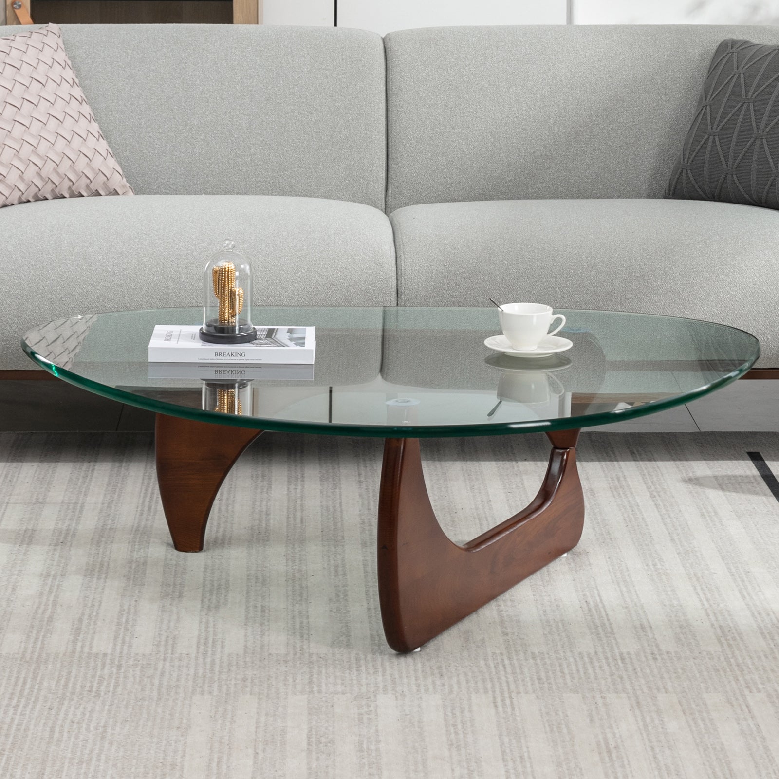 Mjkone Noguchi Triangle Glass Coffee Table | Modern Glass Top Table with Solid Wood Frame | Coffee Table with Tempered Glass Top | Glass Coffee Table for Living Room
