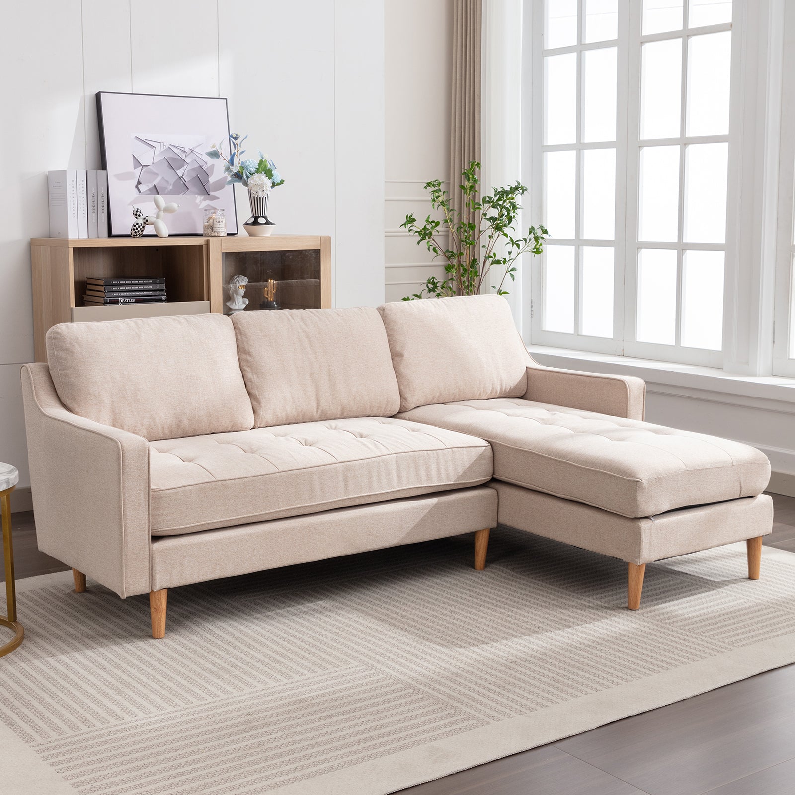 Mjkone 80" Sectional Sofa Bed, Modern Tufted Linen Convertible Sofa, Pull Out Couch Bed w/Storage Armrests,Cup Holders, 3 Seat L Shaped Couch,Reversible Sleeper Couches for Living Room