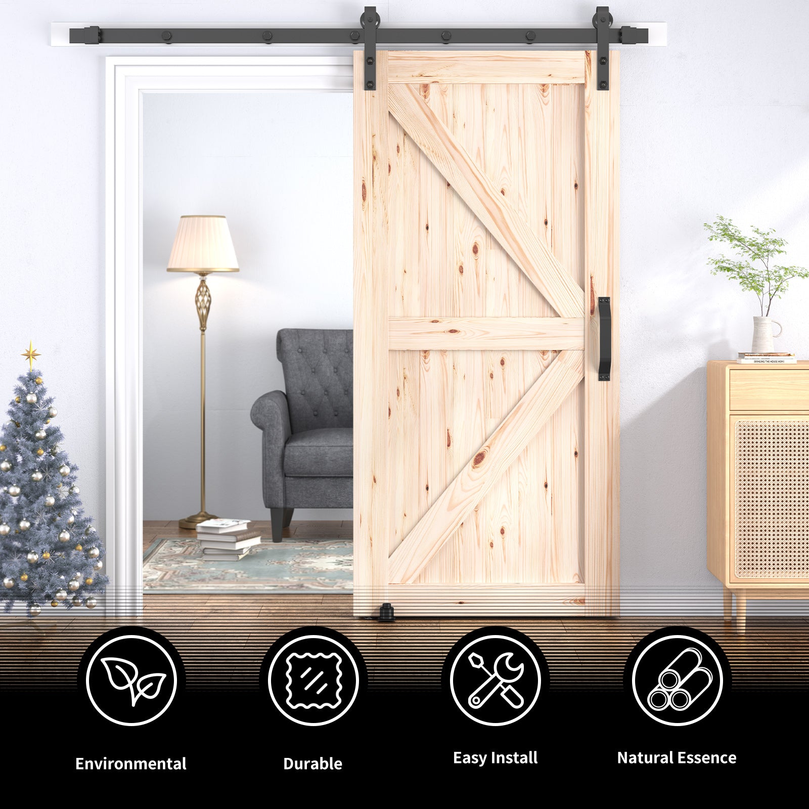 Mjkone Sliding Barn Door with 6.6ft Barn Door Hardware Kit & Handle, Pre-Drilled Ready to Assemble, DIY Unfinished Solid Spruce Wood Panelled Slab, K-Frame