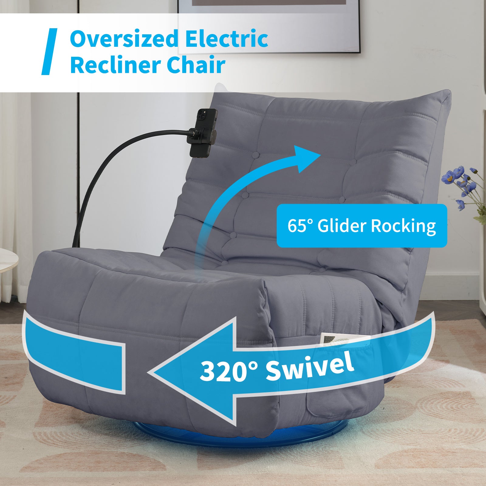 Mjkone Oversized Electric Recliner Chair Swivel Glider Rocking Chair with USB Port Modern Faux Leather Reclining Sofa Chair with Smart Voice Control & Bluetooth Control Theater Seating