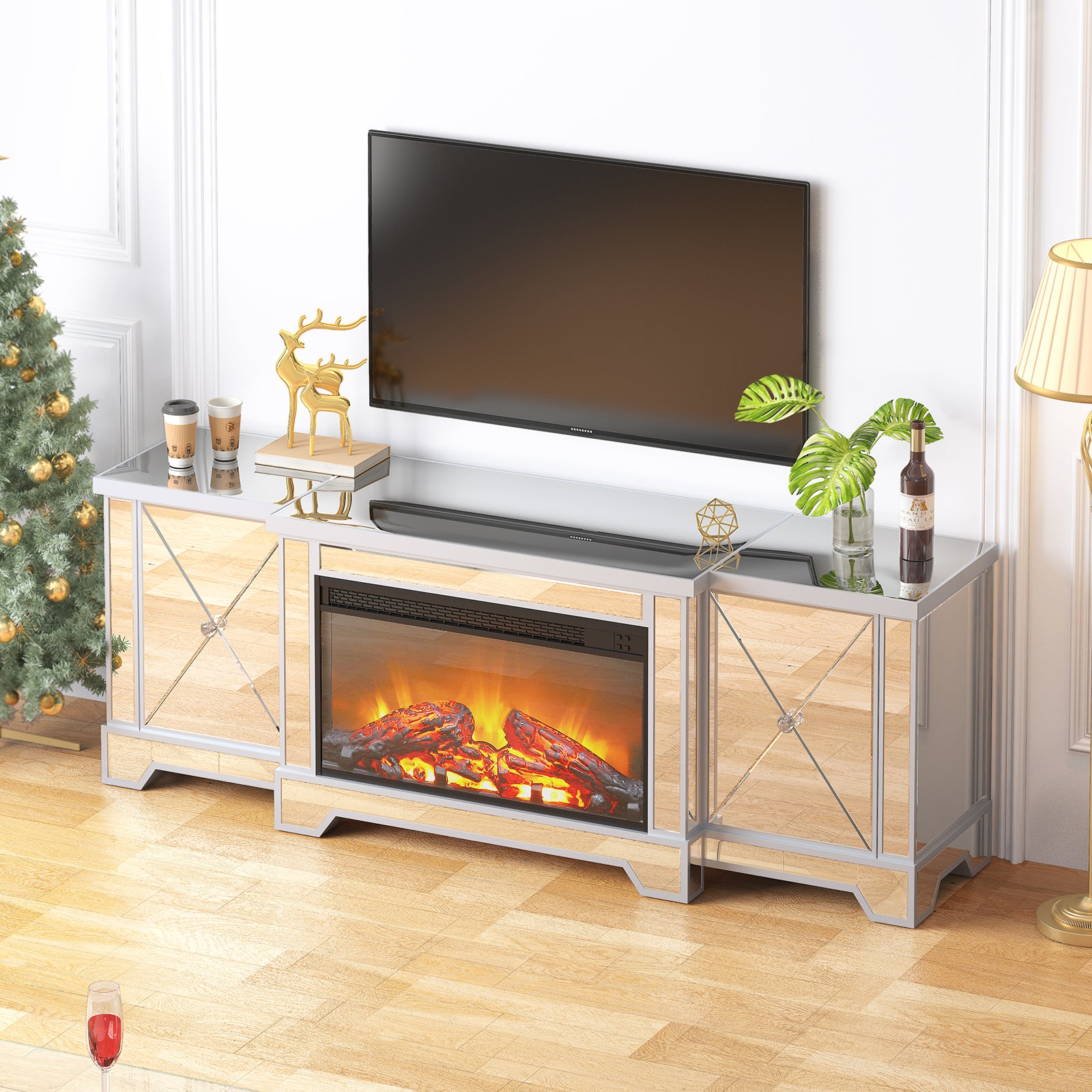Mjkone Mirrored Fireplace TV Stand, Modern LED Living Room Console Entertainment Center, Hot Air Conditioning, Overheat Protection, 7 Colors Flames, 2 Door Television Cabinet