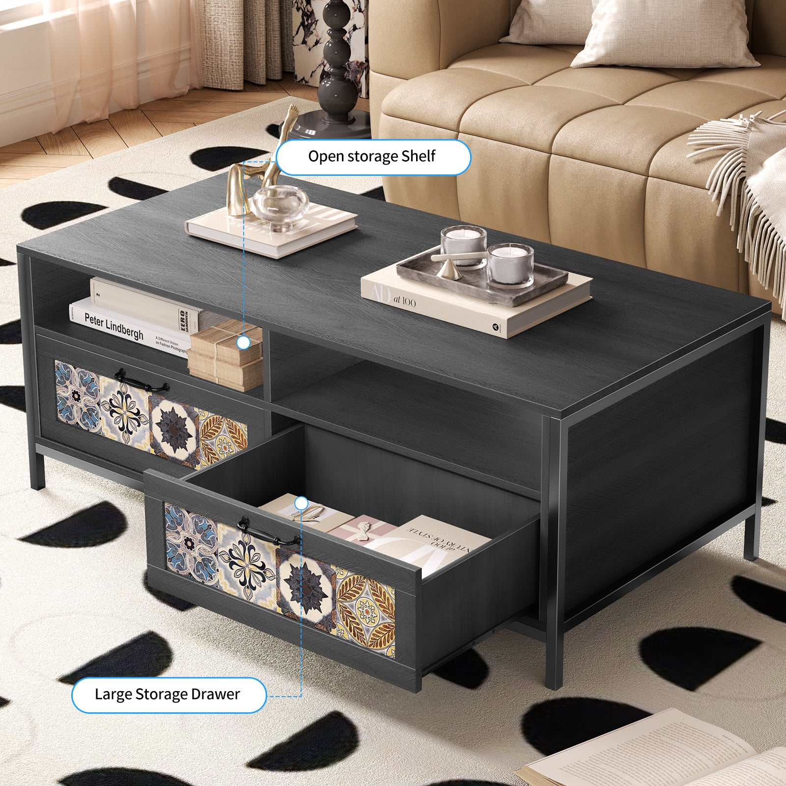 Mjkone Coffee Table, Mid Century Modern Coffee Table with 2 Open Shelv