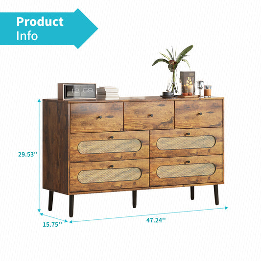 Mjkone Dresser with 7 Drawers, Chest of Dressers for Bedroom, Chest Storage Organizer Units, Modern Wooden Dresser Chest with Rattan Decoration for Hallway, Entryway, Living Room