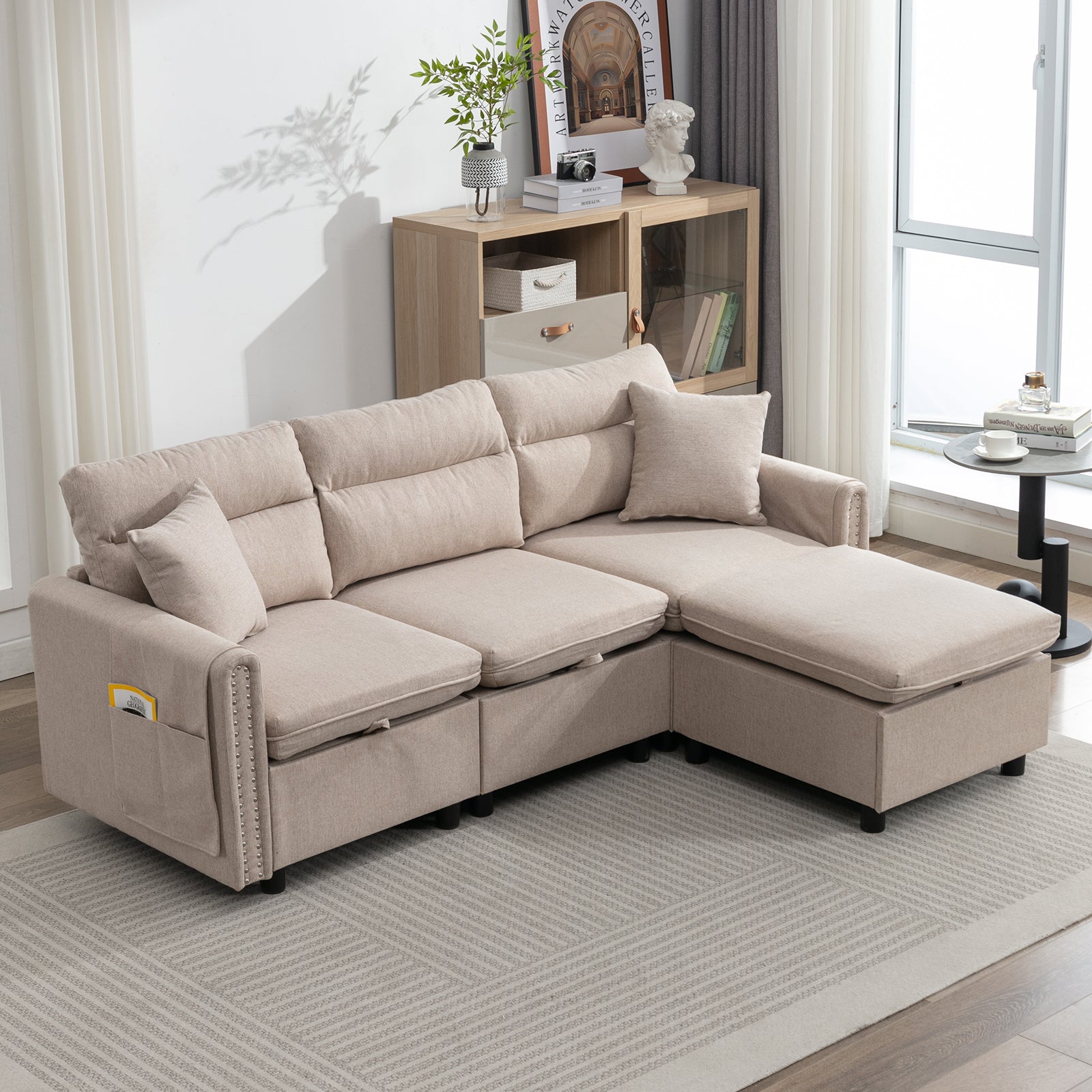 Mjkone Sectional Sofa with Storage Seat and Side Pockets, Sectional Couch with Reversible Chaise, Modular Sectional Sofa Set with Linen Upholstered, Modern Living Room Sets