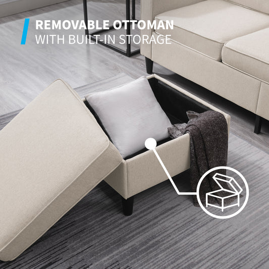 Mjkone Convertible Sectional Sofa Couch, 90" W 3-Seat L-Shaped Sofa Couch with Storage Ottoman & Wooden Legs, Modern Linen Fabric Reversible Chaise Couch for Living Room