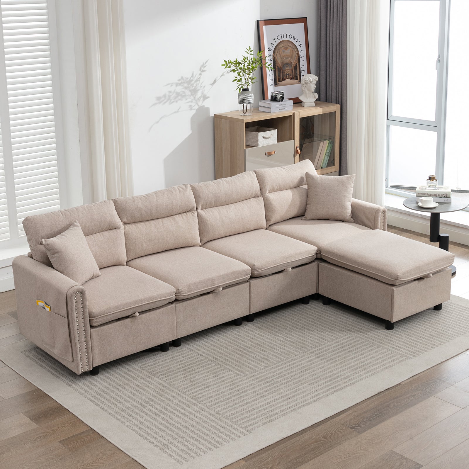 Mjkone Sectional Sofa with Storage Seat and Side Pockets, Sectional Couch with Reversible Chaise, Modular Sectional Sofa Set with Linen Upholstered, Modern Living Room Sets