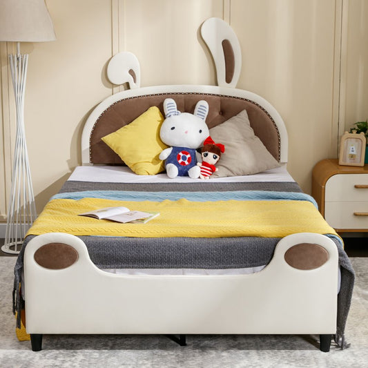 Mjkone Upholstered Kids Bed with Rabbit Ears Headboard