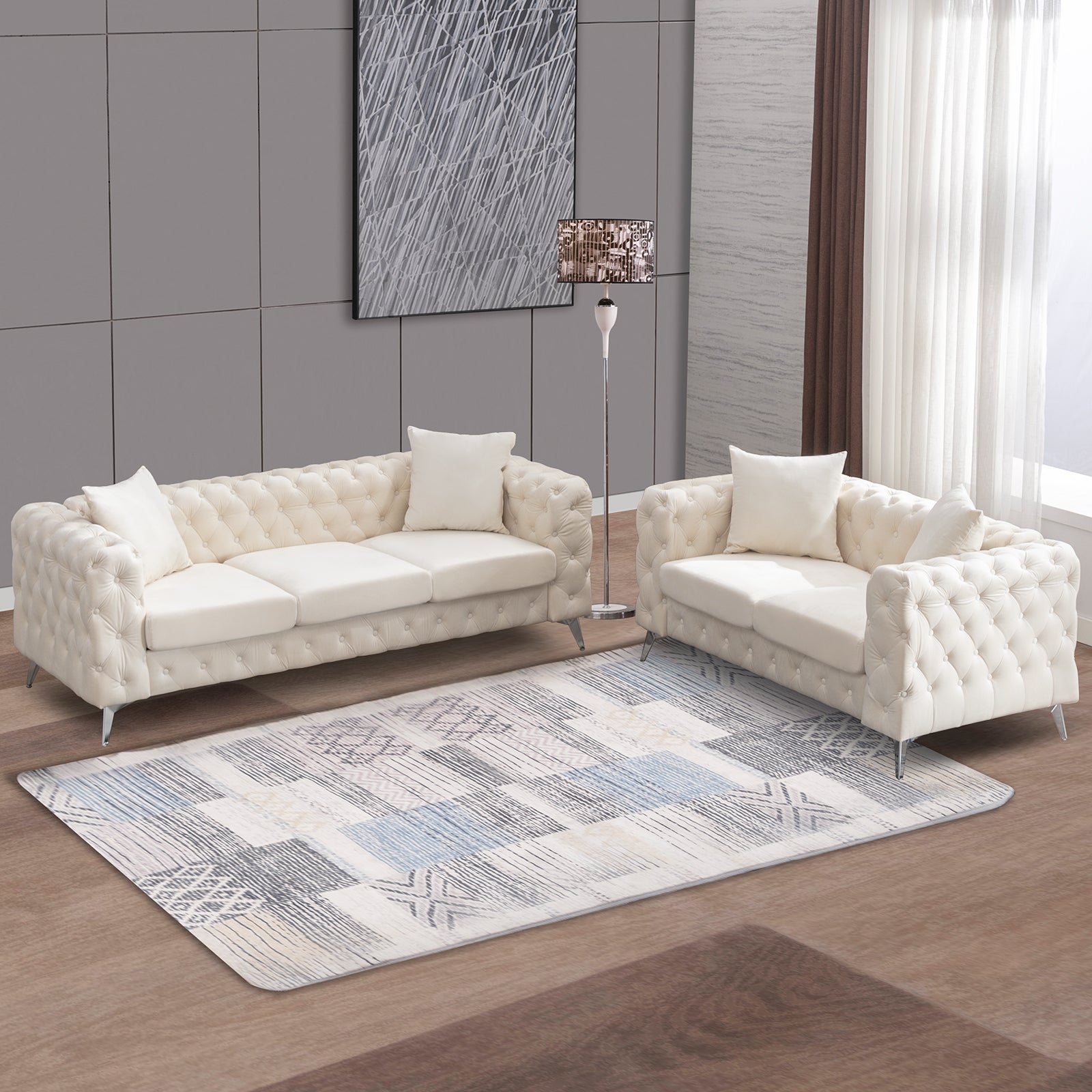 Mjkone Deep Button Tufted Modern Sofa Set, Blue/Beige