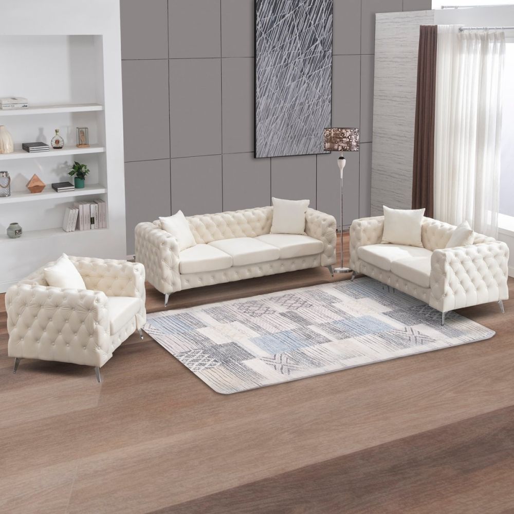 Mjkone Deep Button Tufted Modern Sofa Set, Blue/Beige