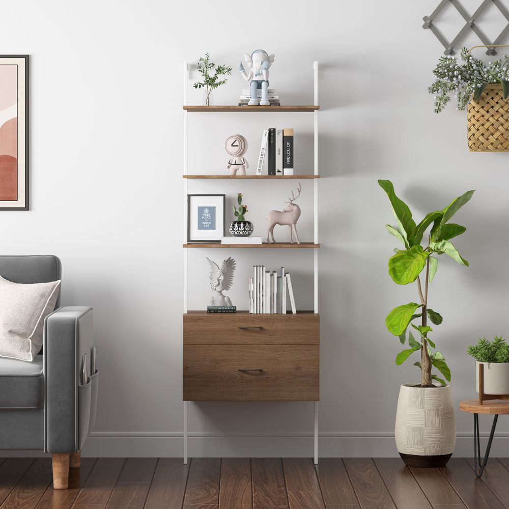 Mjkone 4-Tier Industrial Bookshelf Shelves with Drawers and Frame