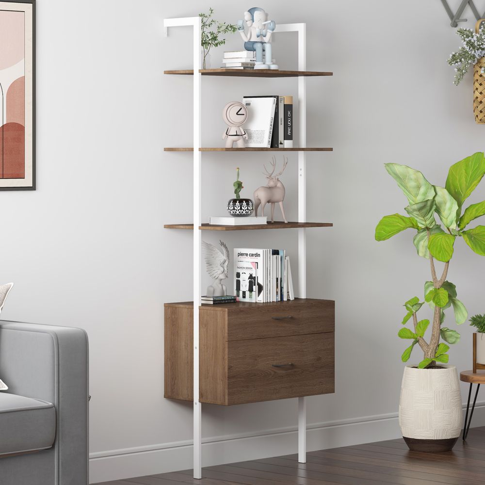 Mjkone 4-Tier Industrial Bookshelf Shelves with Drawers and Frame