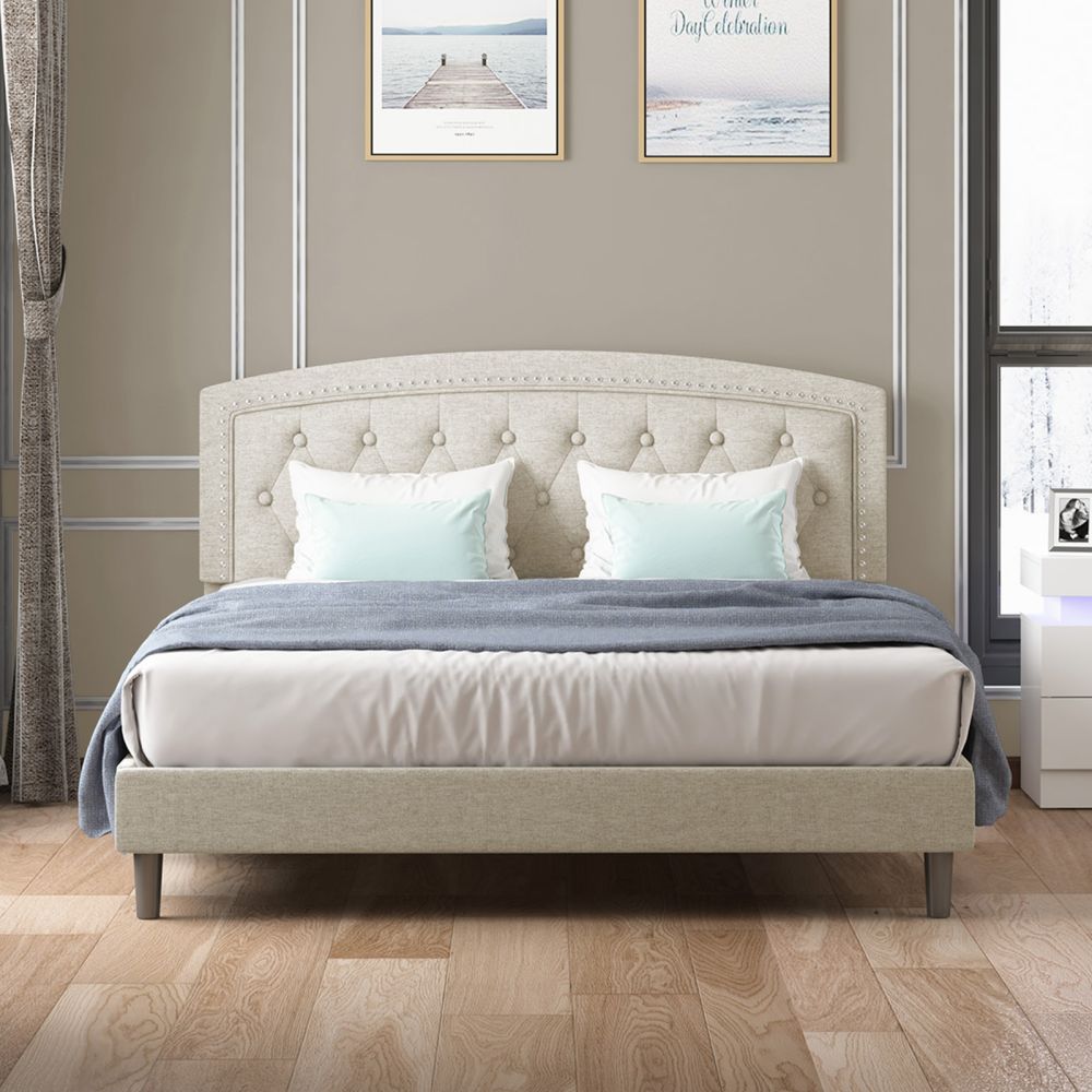 Mjkone Wood Slat Upholstered Platform Bed Frame With Headboard