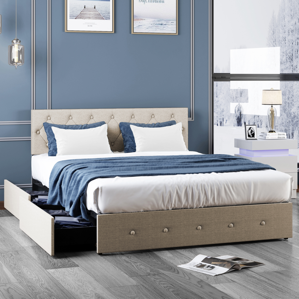 Mjkone Adjustable Headboard Upholstered Drawer Bed