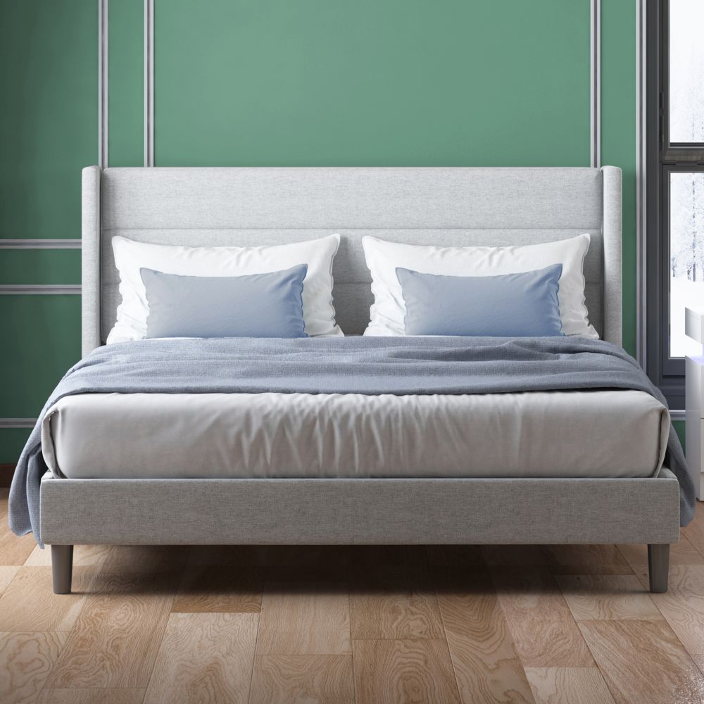 Mjkone Wood Platform Bed With Upholstered Wingback Headboard