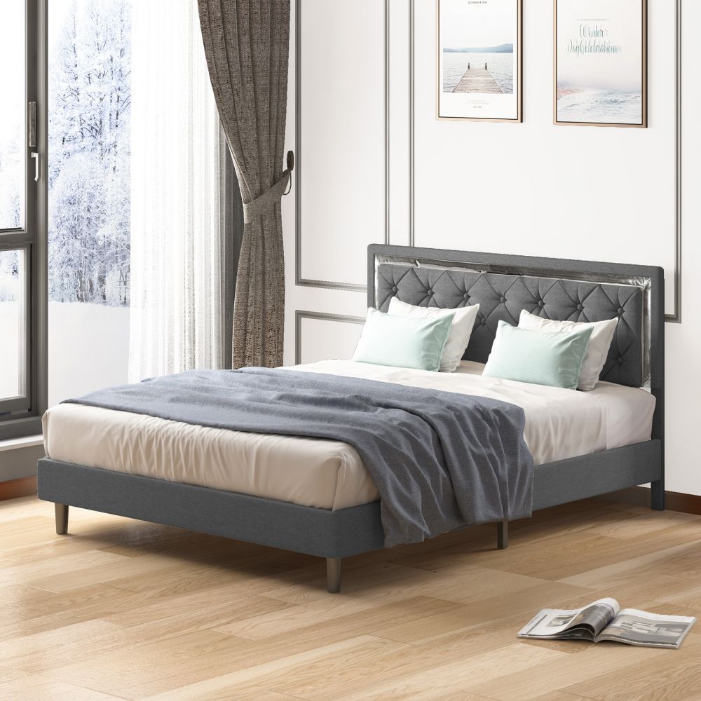 Mjkone Linen Fabric Upholstered Bed With Tufted Headboard