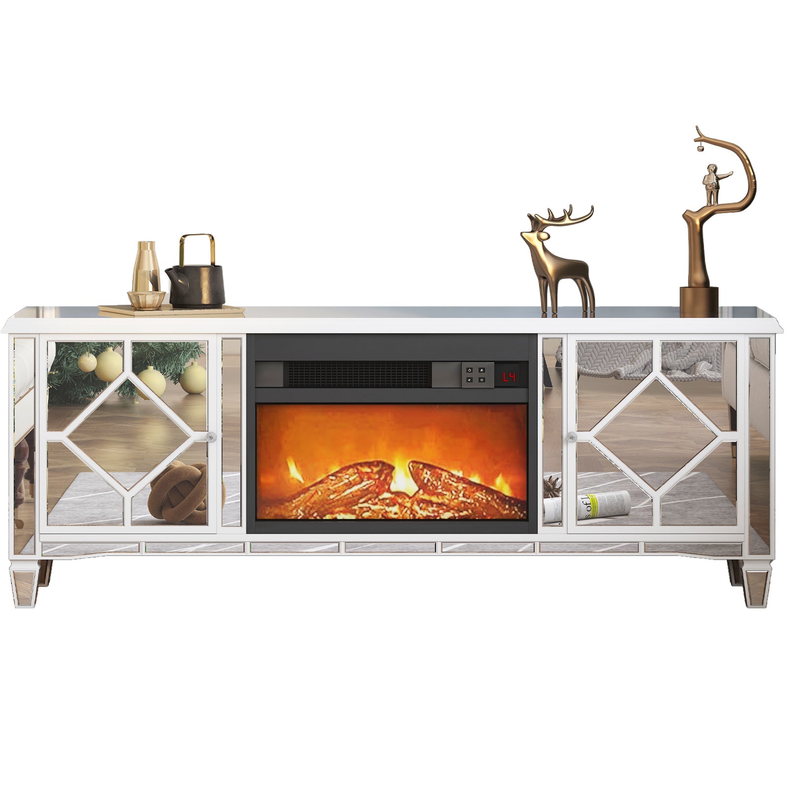 Mjkone Mirrored TV Stand with Heater Fireplace