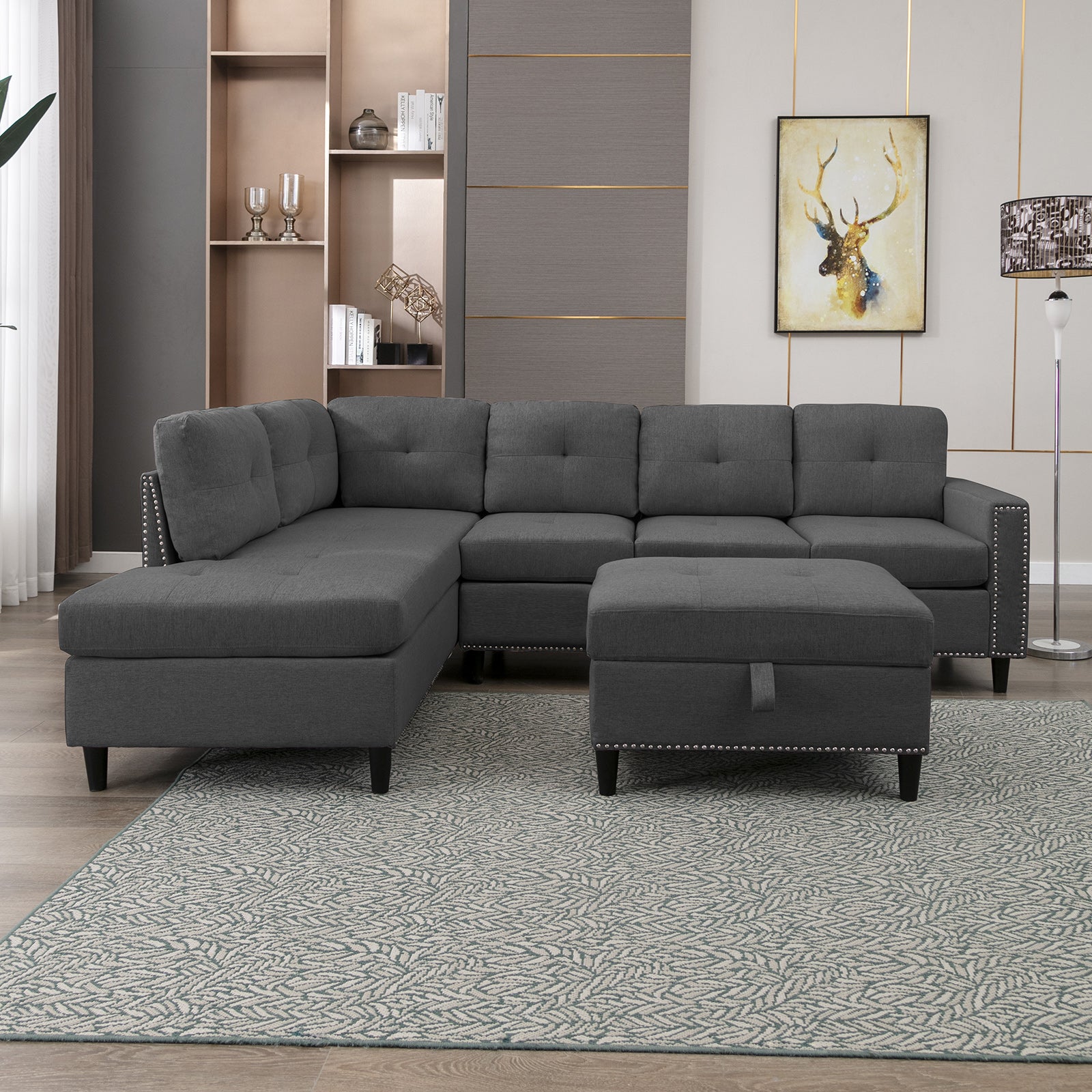 Mjkone Modern Upholstered Sectional Sofa with Ottoman