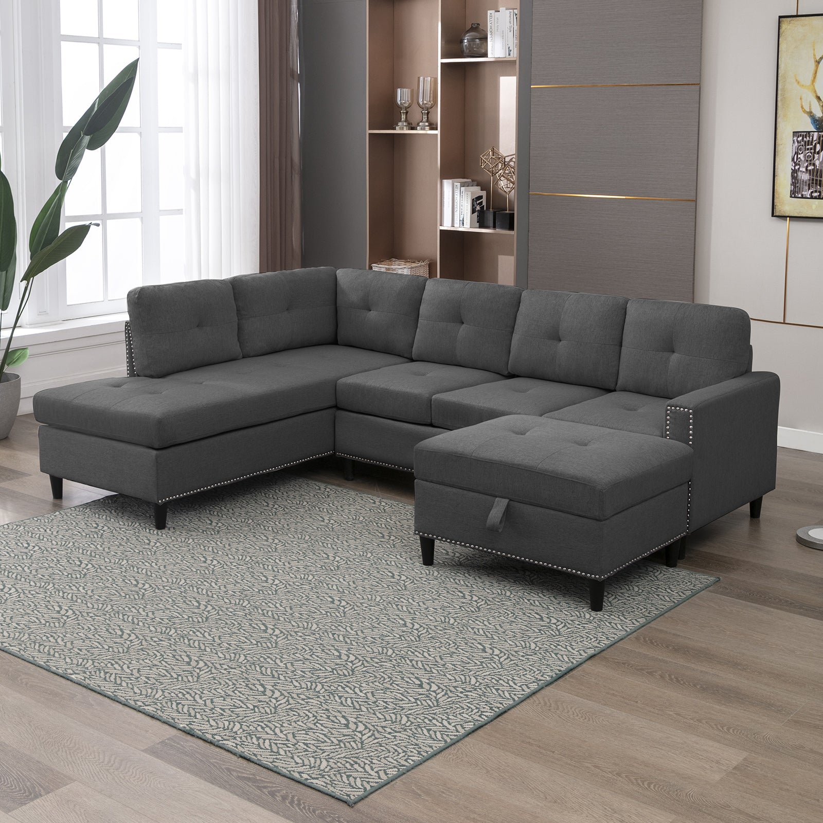 Mjkone Modern Upholstered Sectional Sofa with Ottoman
