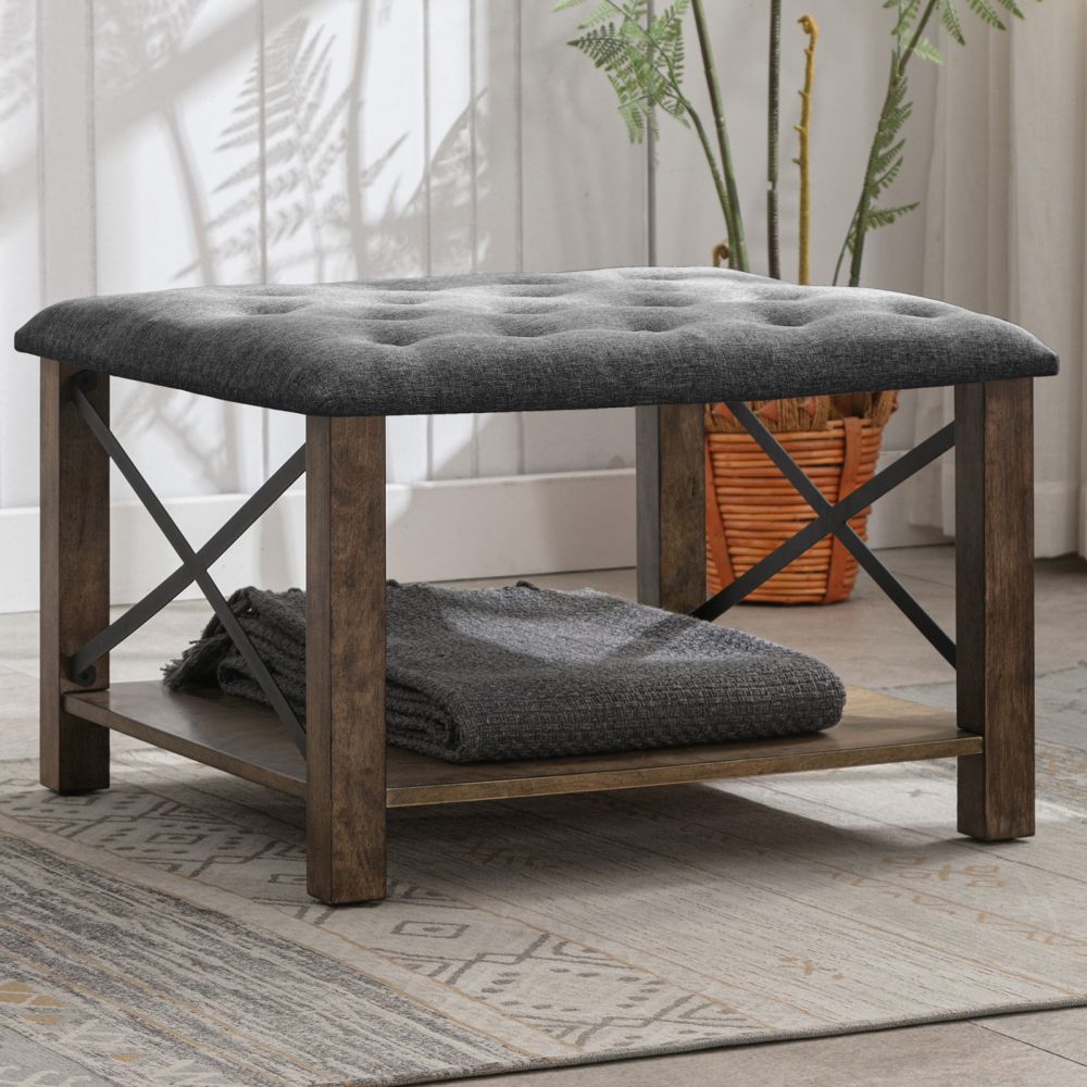 Mjkone Tufted Linen Upholstered Ottoman Stool