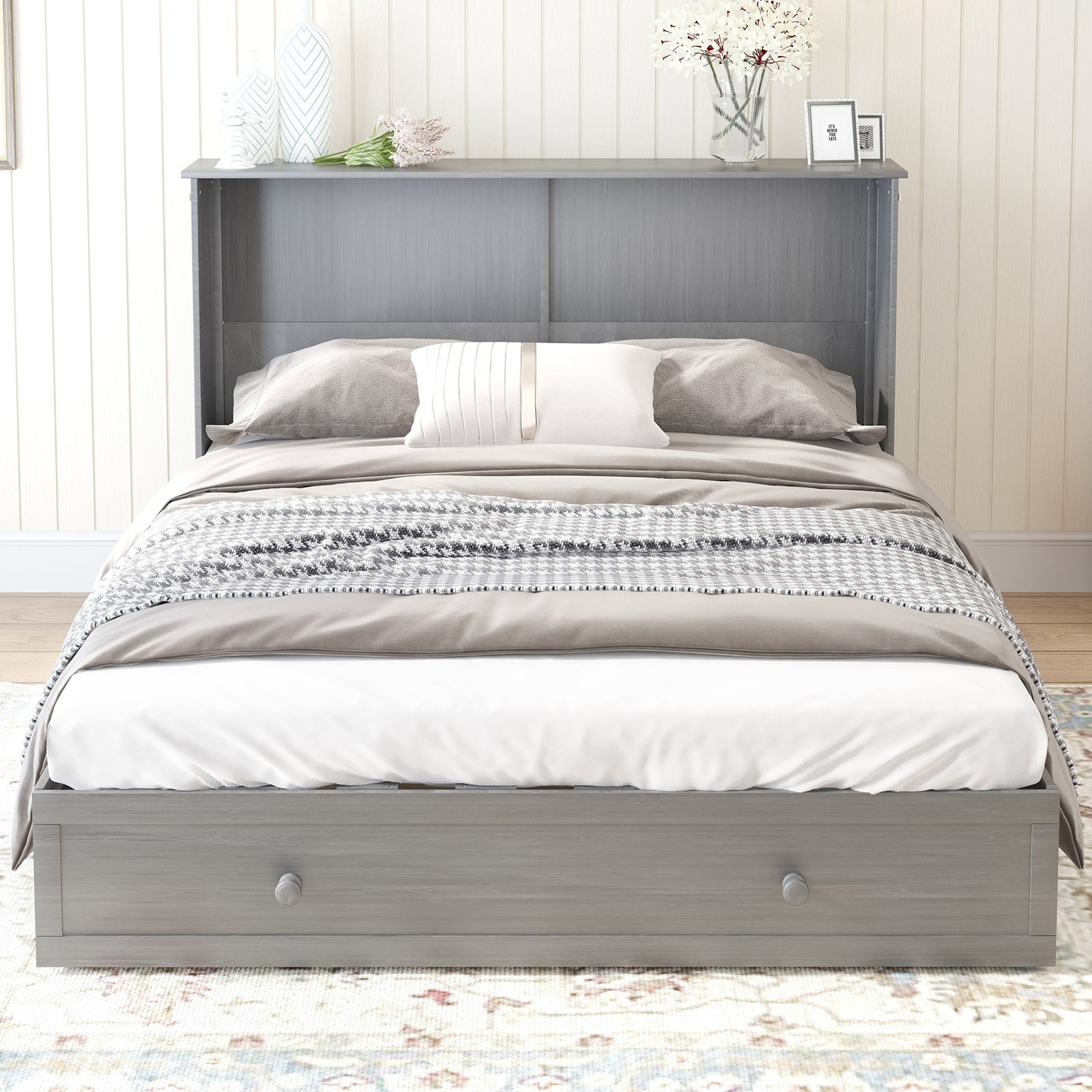 Mjkone Queen Size Murphy Bed with Large Storage Drawer & Charging Port
