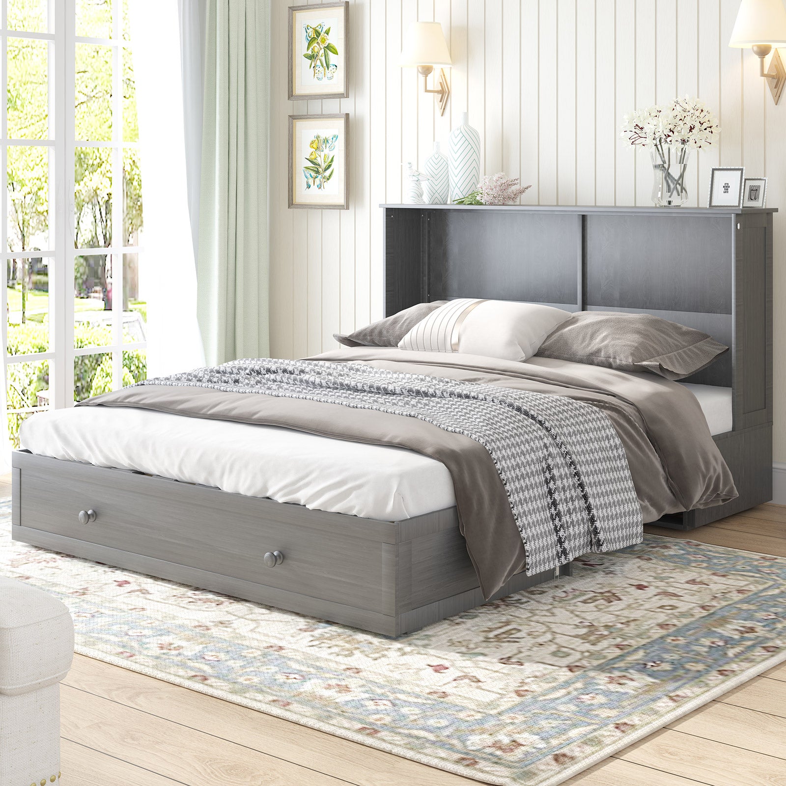 Mjkone Queen Size Murphy Bed with Large Storage Drawer & Charging Port