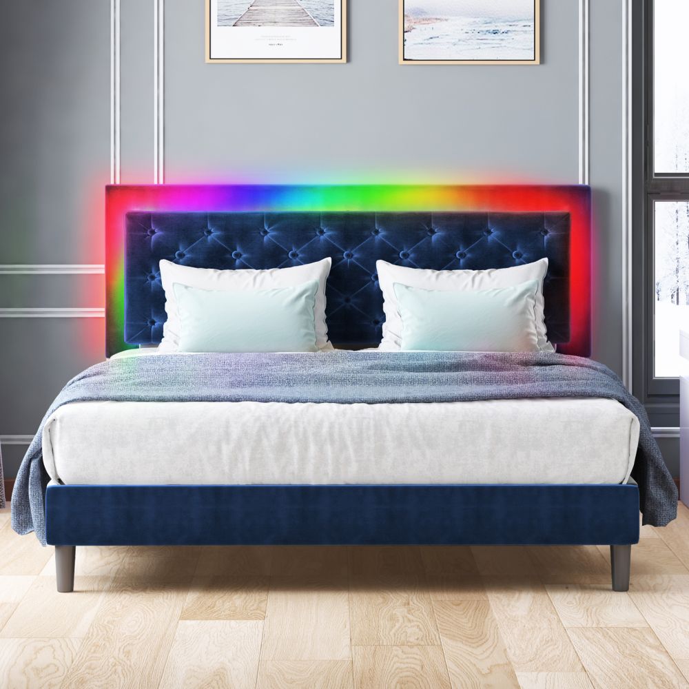Mjkone Velveteen RGB LED Bed Frame with Adjustable Headboard