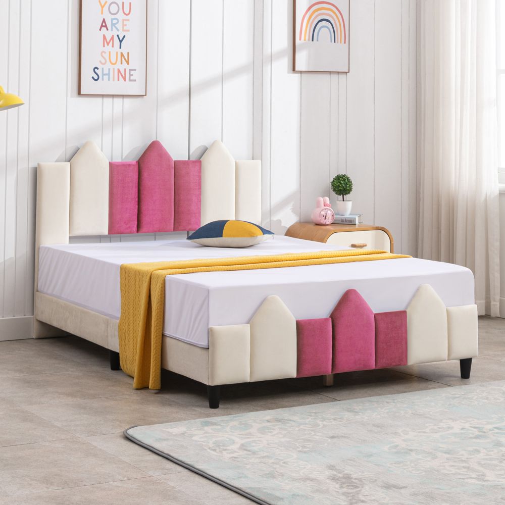 Mjkone Wood Upholstered Kids Bed Frame with Headboard